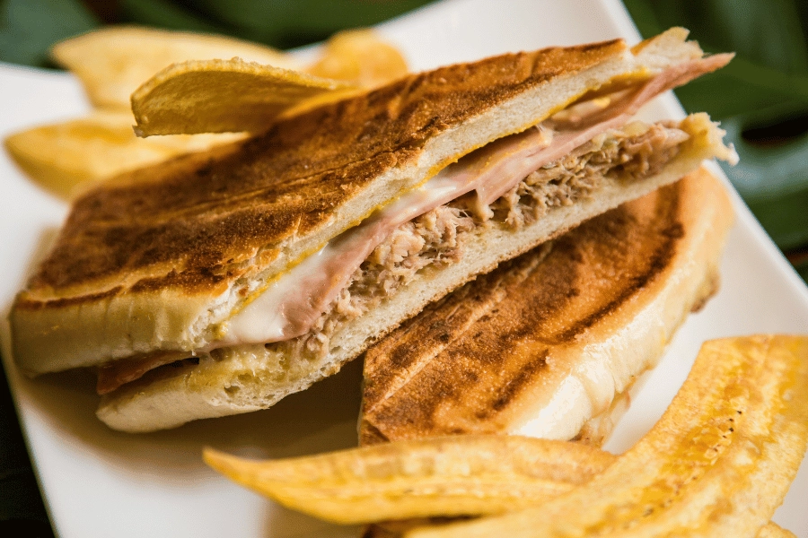 Authentic Cuban sandwich served with plantains